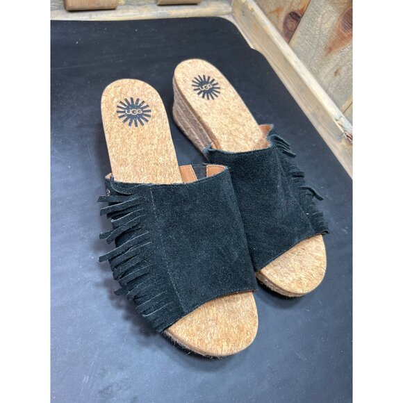 Ugg Womens Black Suede Fringe Cork Wedge Sandals Size 7 - Picture 3 of 9